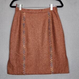 Tom Klaim Skirt Womens 8 Brown Wool Nylon Embroidered Lined Knee Length Straight